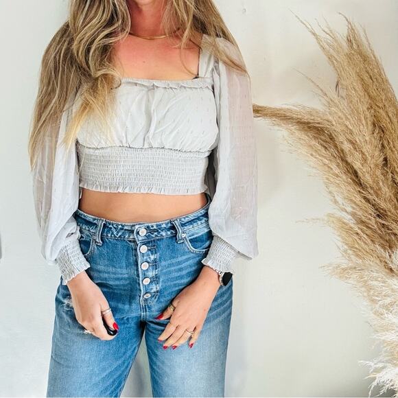 NEW BY THE RIVER Grey Gold Metallic Polka Dot Long Sleeve $88 Crop Top Blouse S - Picture 14 of 16